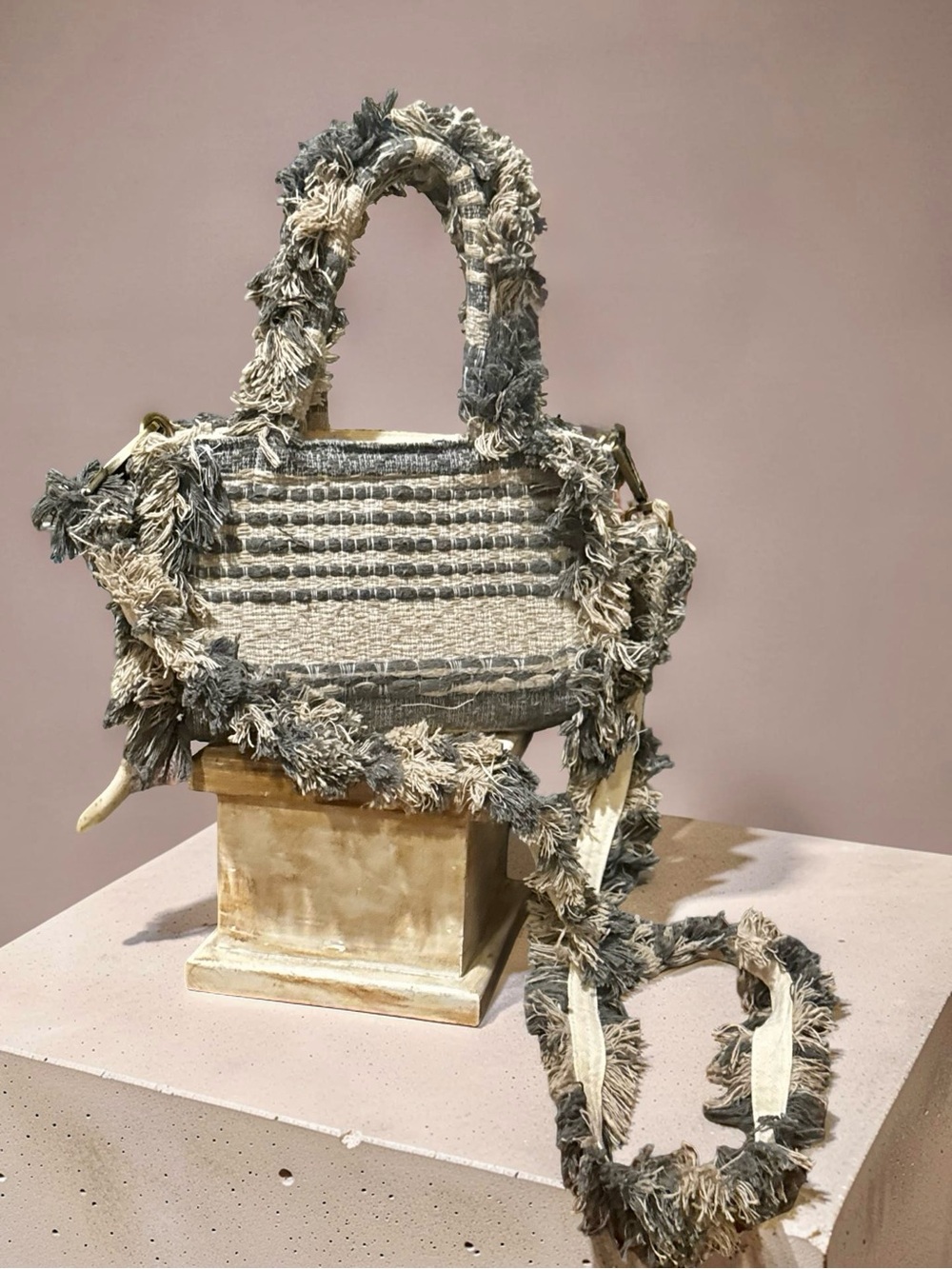 BANI Artesonal Mini Poka Gray & Sand Fringe Trim Crossbody Bag